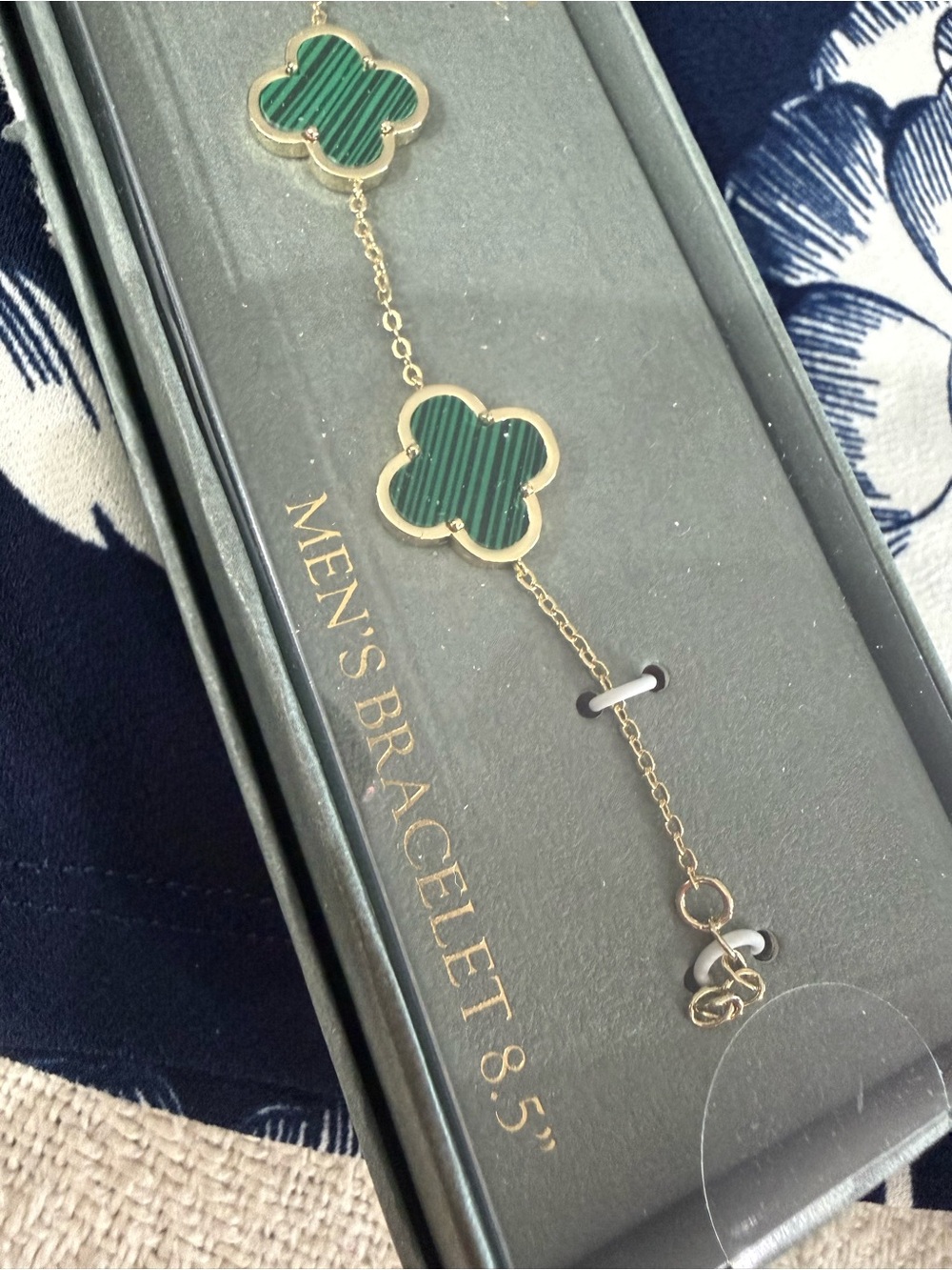 Gold Clover Link Bracelet with Green Inlay Mens or women’s